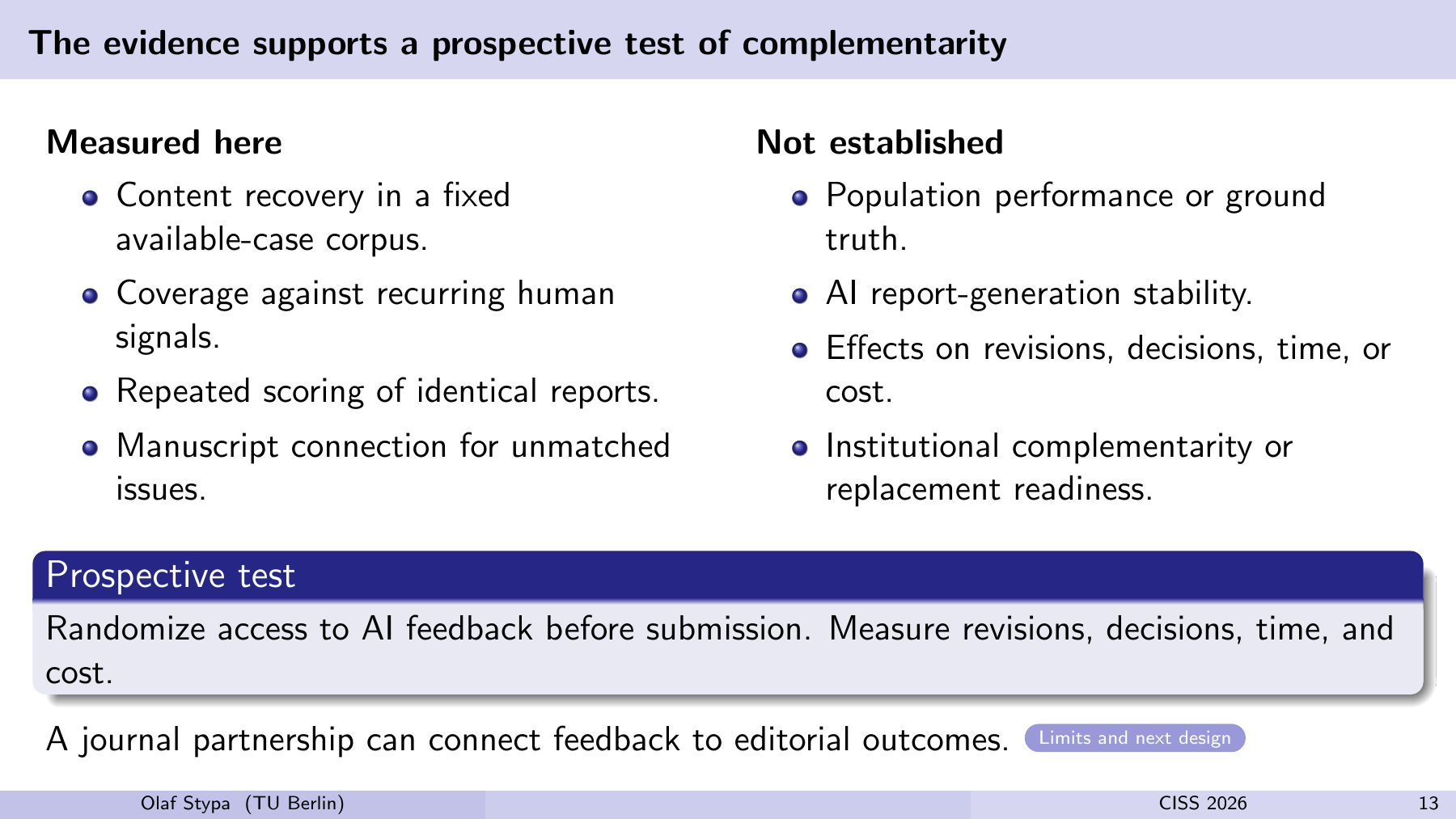 The evidence supports a prospective test of complementarity Measured here Content recovery in a fixed available-case corpus. Coverage against recurring human signals. Repeated scoring of identical reports. Manuscript connection for unmatched issues. Not established Population performance or ground truth. AI report-generation stability. Effects on revisions, decisions, time, or cost. Institutional complementarity or replacement readiness. Prospective test Randomize access to AI feedback before submission. Measure revisions, decisions, time, and cost. A journal partnership can connect feedback to editorial outcomes. Limits and next design Olaf Stypa (TU Berlin) CISS 2026 13