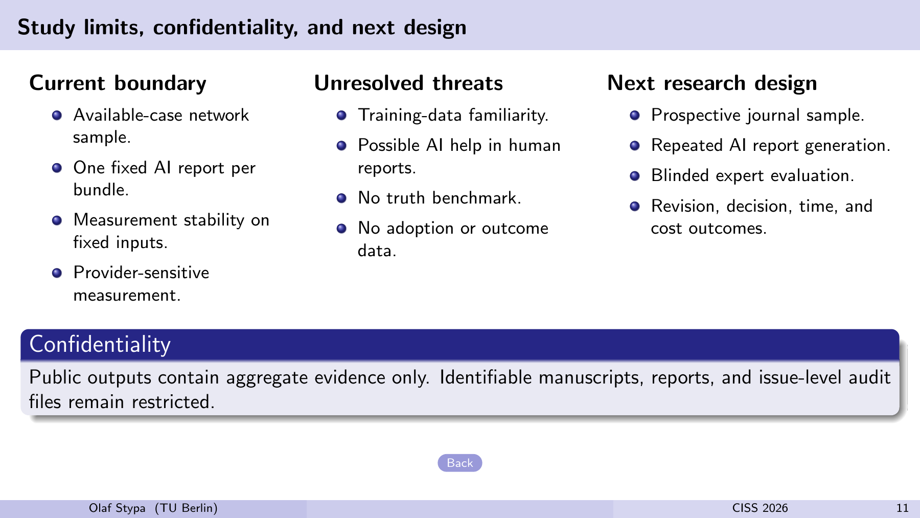 Study limits, confidentiality, and next design Current boundary Available-case network sample. One fixed AI report per bundle. Measurement stability on fixed inputs. Provider-sensitive measurement. Unresolved threats Training-data familiarity. Possible AI help in human reports. No truth benchmark. No adoption or outcome data. Next research design Prospective journal sample. Repeated AI report generation. Blinded expert evaluation. Revision, decision, time, and cost outcomes. Confidentiality Public outputs contain aggregate evidence only. Identifiable manuscripts, reports, and issue-level audit files remain restricted. Back Olaf Stypa (TU Berlin) CISS 2026 11